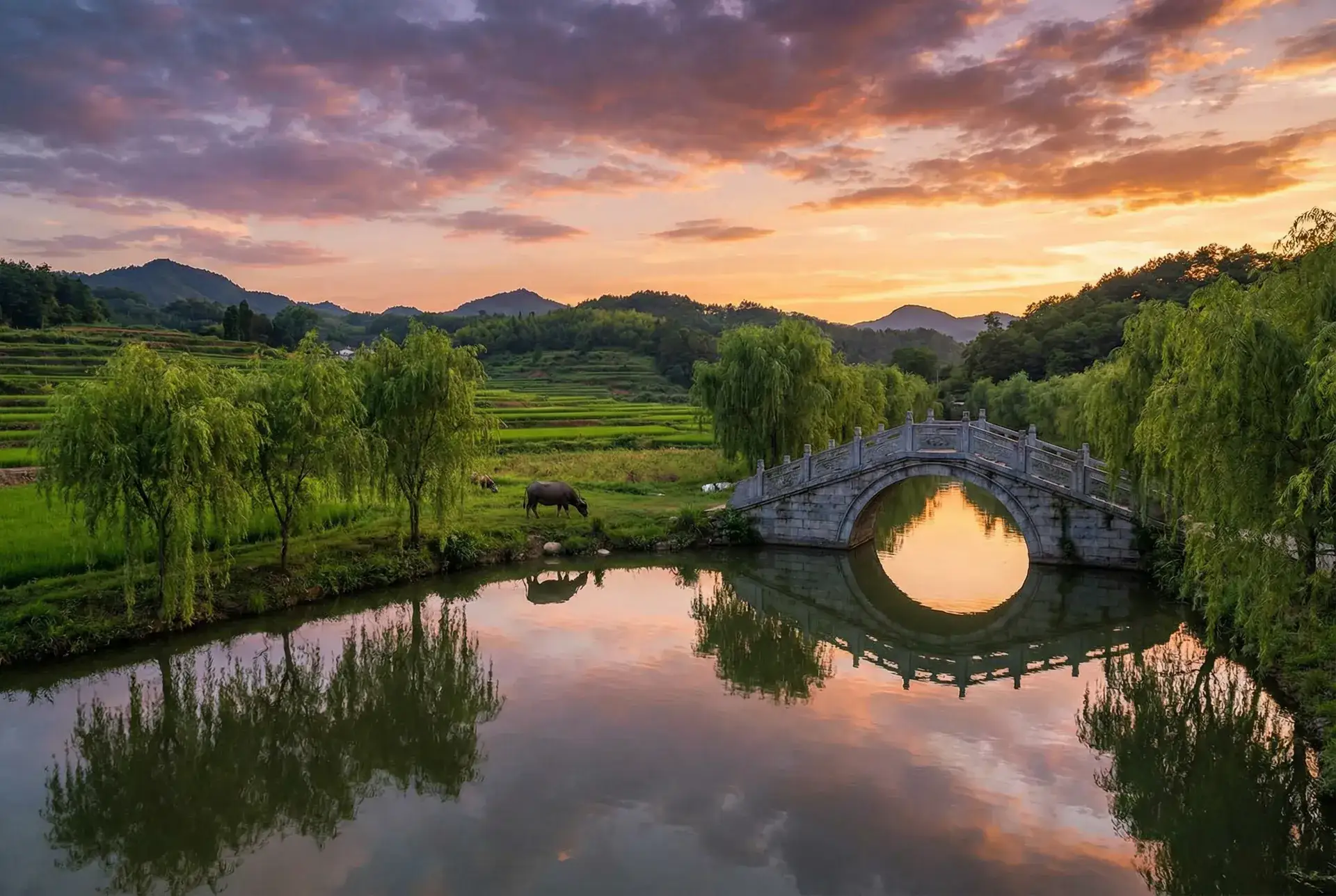 夕阳下的石拱桥与垂柳，水牛在河边吃草 - 骸骨骑士大人异世界冒险中动漫 乡村美景